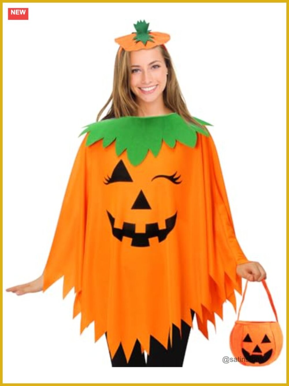 3 PCS Halloween Pumpkin Costume Set Women Poncho Headband Candy Bag